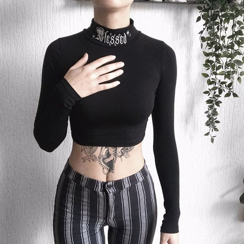 Gothic Blessed Long Sleeve Crop Top