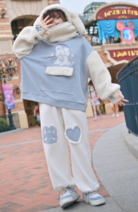 Kawaii Blue Joggers Sweatpants Bunny Heart