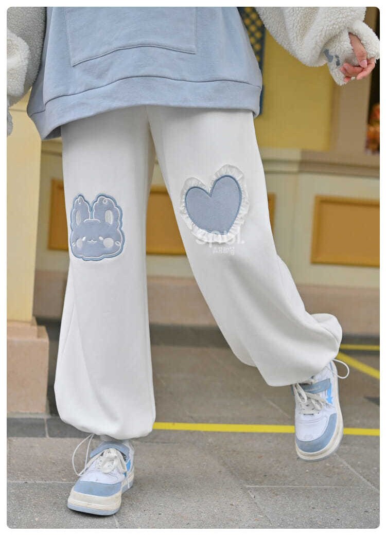 Kawaii Blue Joggers Sweatpants Bunny Heart