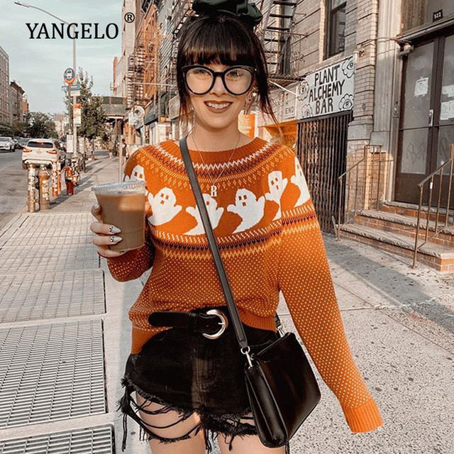 Ghost Halloween Holiday Sweater Gothic Orange