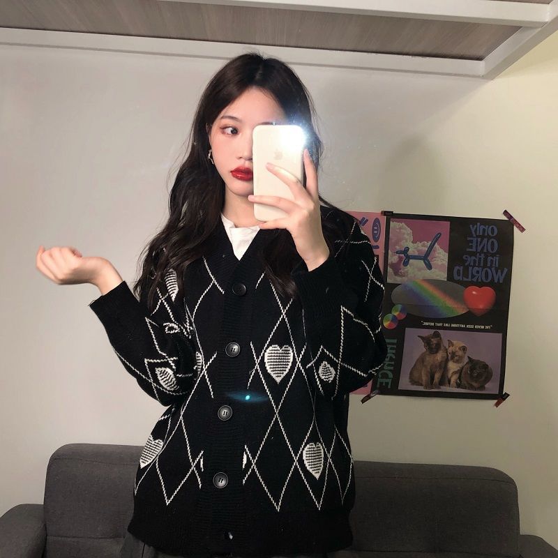 Knitted Cardigan Argyle Heart Sweater