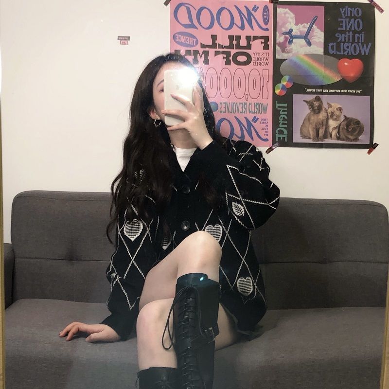 Knitted Cardigan Argyle Heart Sweater