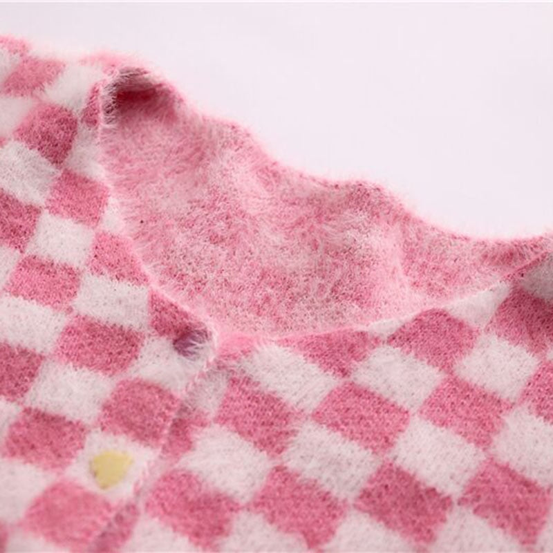Pink Checker Knitted Cardigan