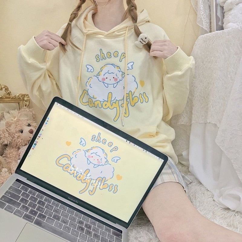 Kawaii Soft Yellow Hoodie Cute Sheep