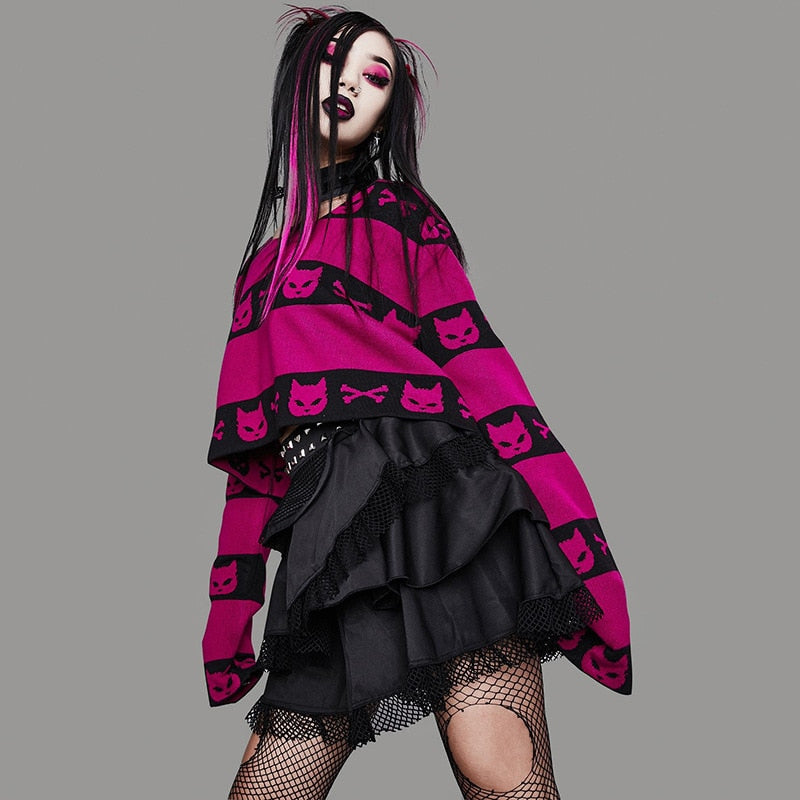 Neko Gothic Cat Rose Red Crop Sweater