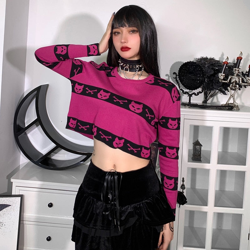 Neko Gothic Cat Rose Red Crop Sweater