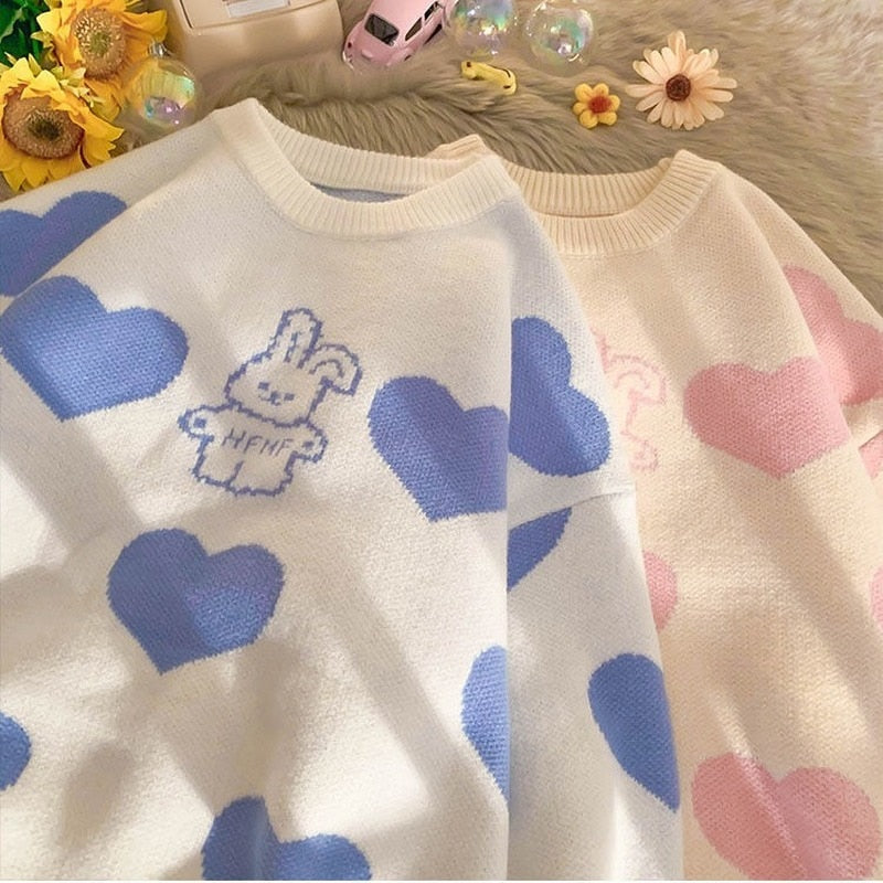 Kawaii Aesthetic Blue Bunny Hearts Sweater