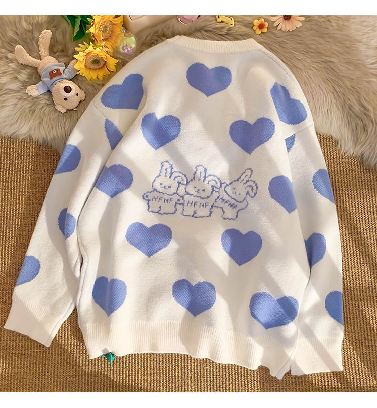 Kawaii Aesthetic Blue Bunny Hearts Sweater