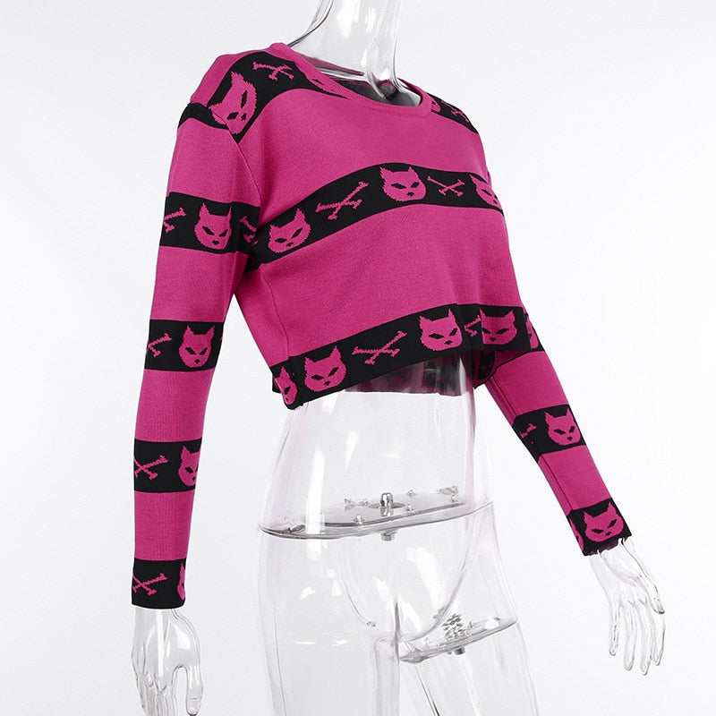 Neko Gothic Cat Rose Red Crop Sweater