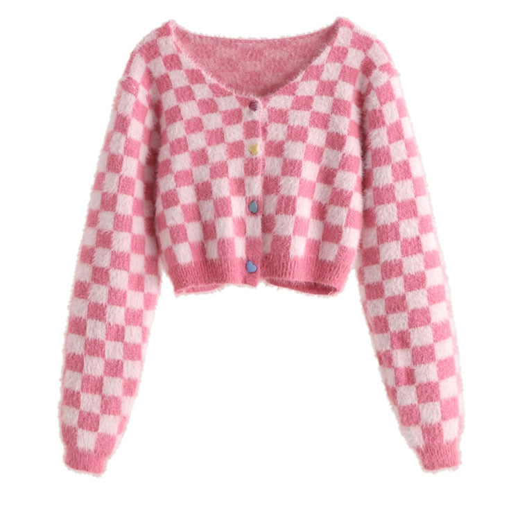 Pink Checker Knitted Cardigan