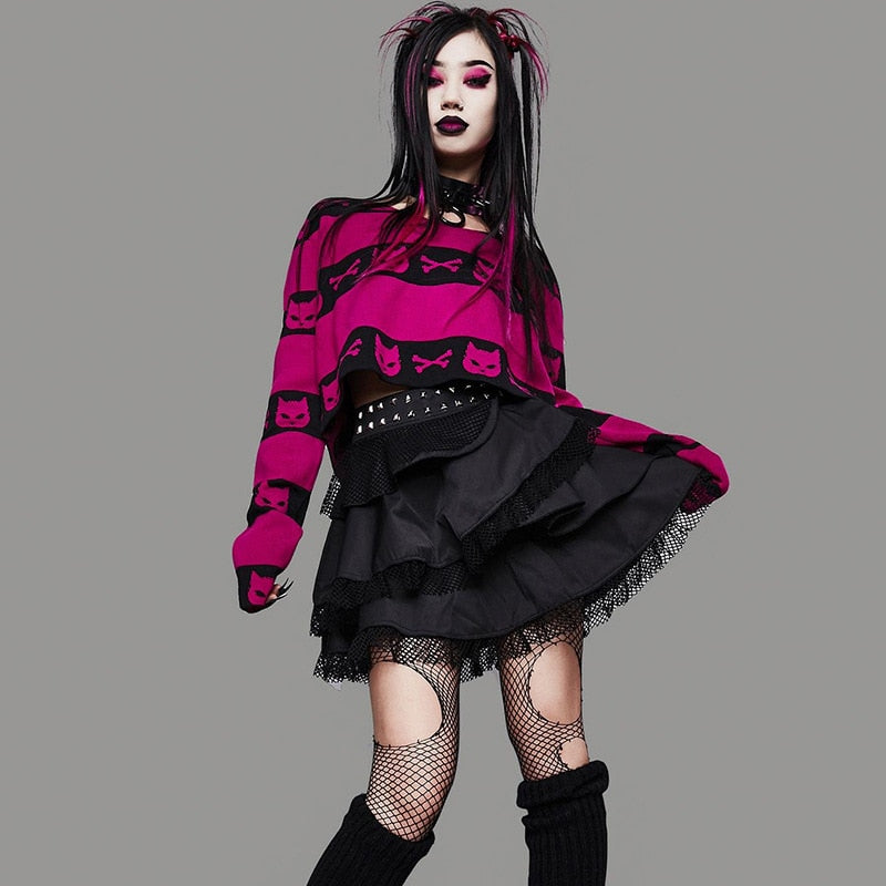 Neko Gothic Cat Rose Red Crop Sweater