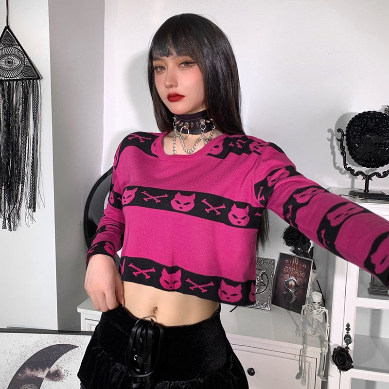 Neko Gothic Cat Rose Red Crop Sweater