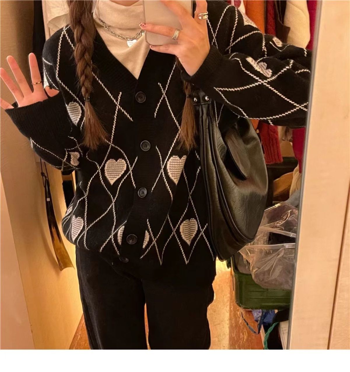 Knitted Cardigan Argyle Heart Sweater