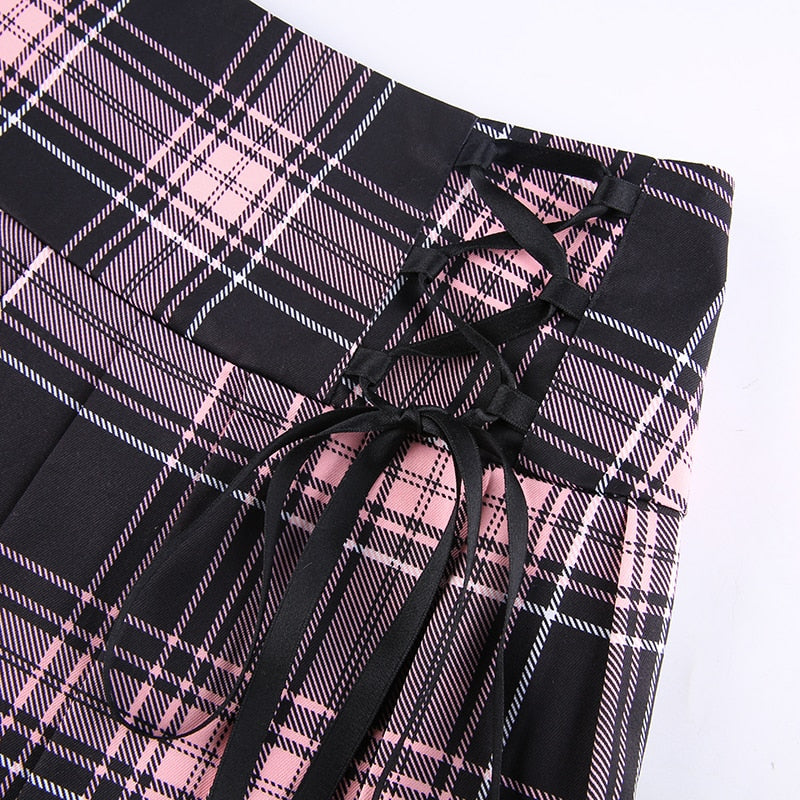 Dollette Goth Pink Plaid Pleated Skirt Lace Trim
