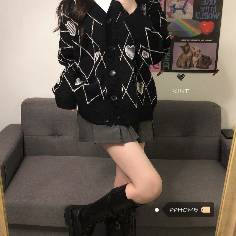 Knitted Cardigan Argyle Heart Sweater