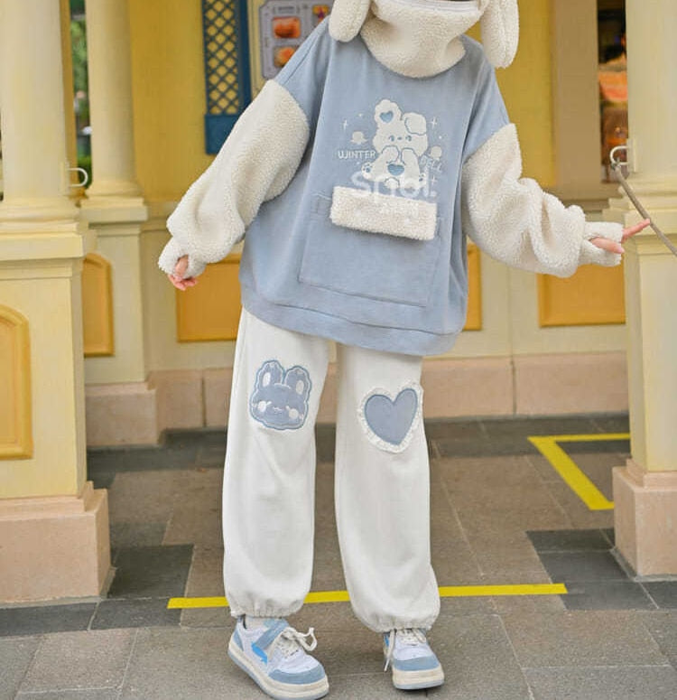 Kawaii Blue Joggers Sweatpants Bunny Heart