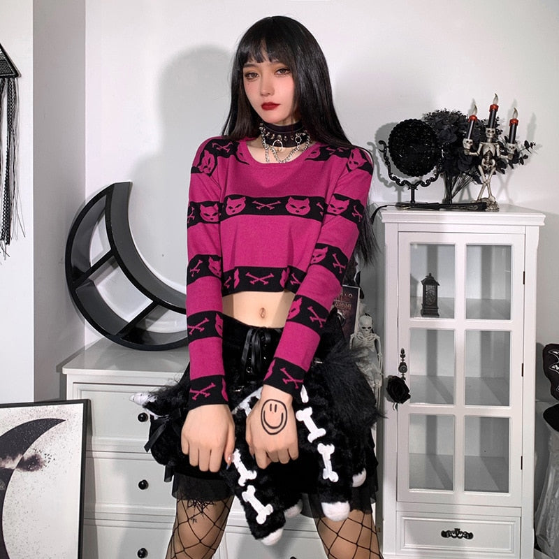 Neko Gothic Cat Rose Red Crop Sweater