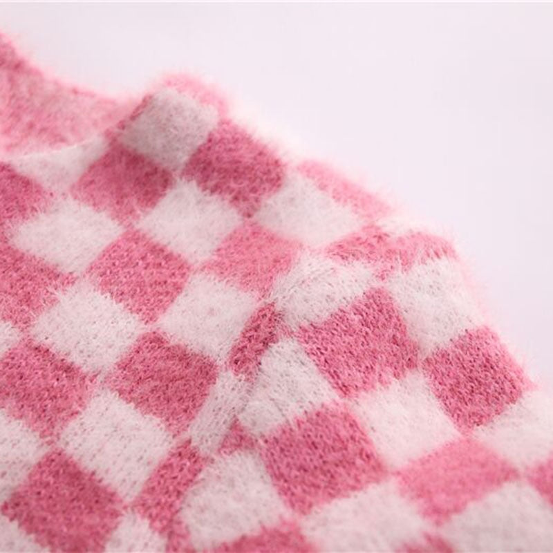 Pink Checker Knitted Cardigan