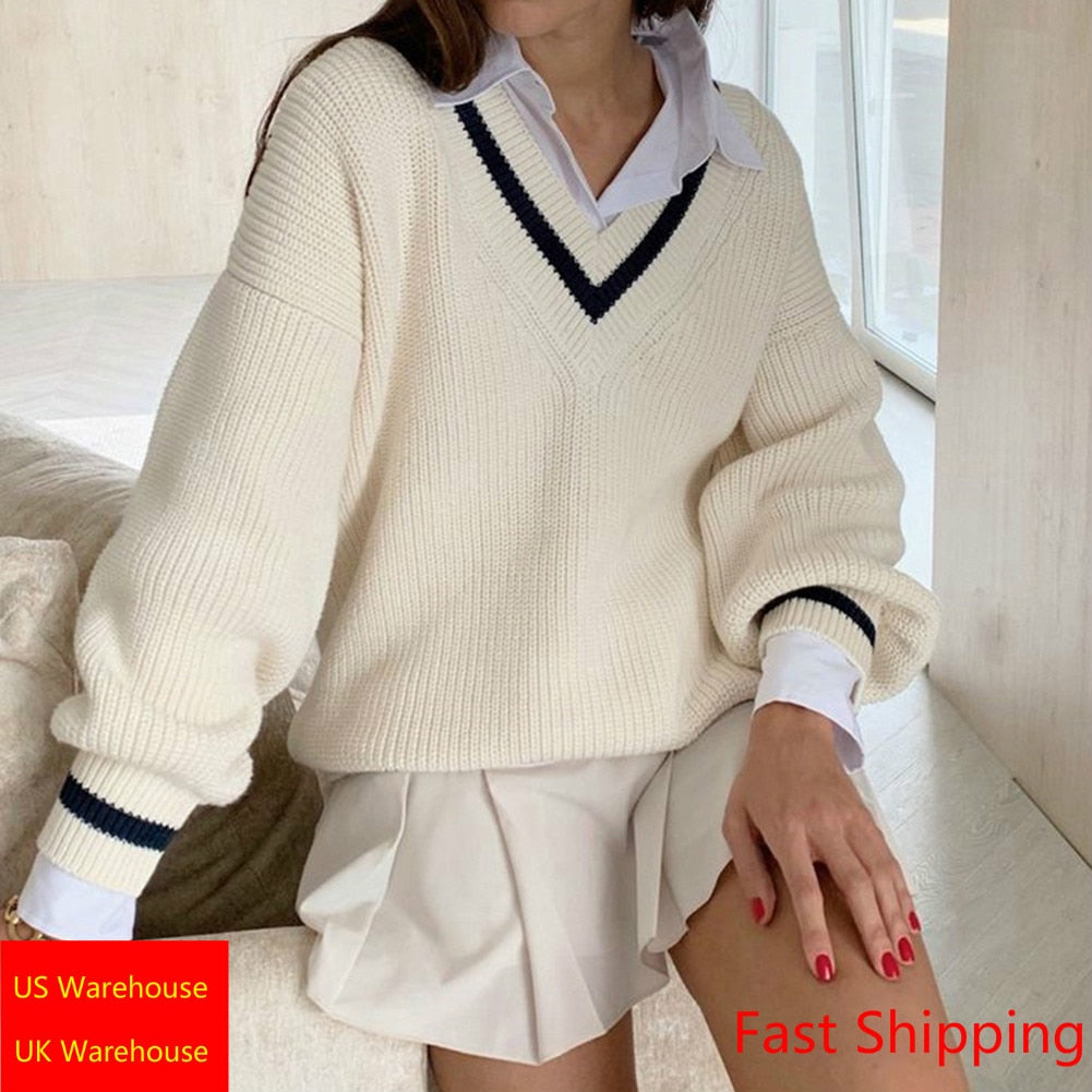 Soft Girl Preppy V Neck Sweater
