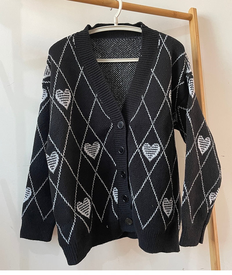 Knitted Cardigan Argyle Heart Sweater