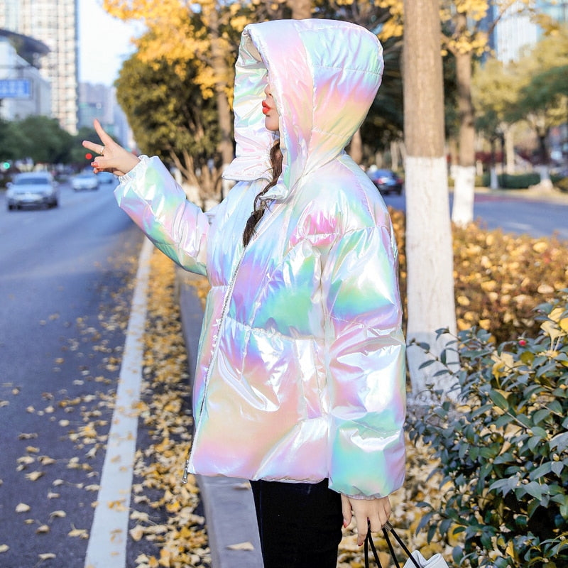 Holographic Glossy Short Puffer Jacket