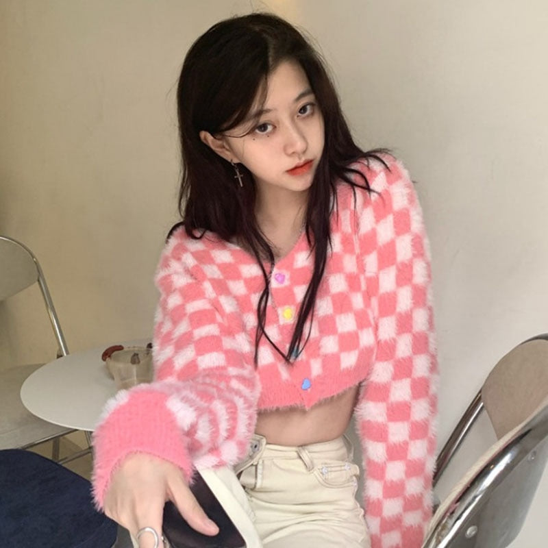 Pink Checker Knitted Cardigan