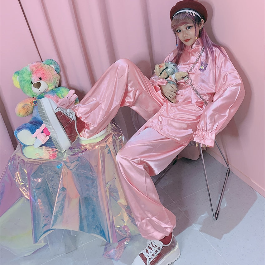 Kawaii Chinese Pink Satin Loungewear Set