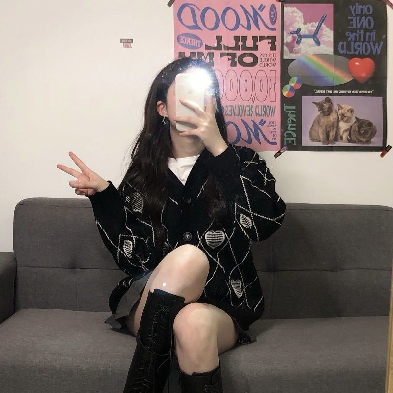 Knitted Cardigan Argyle Heart Sweater