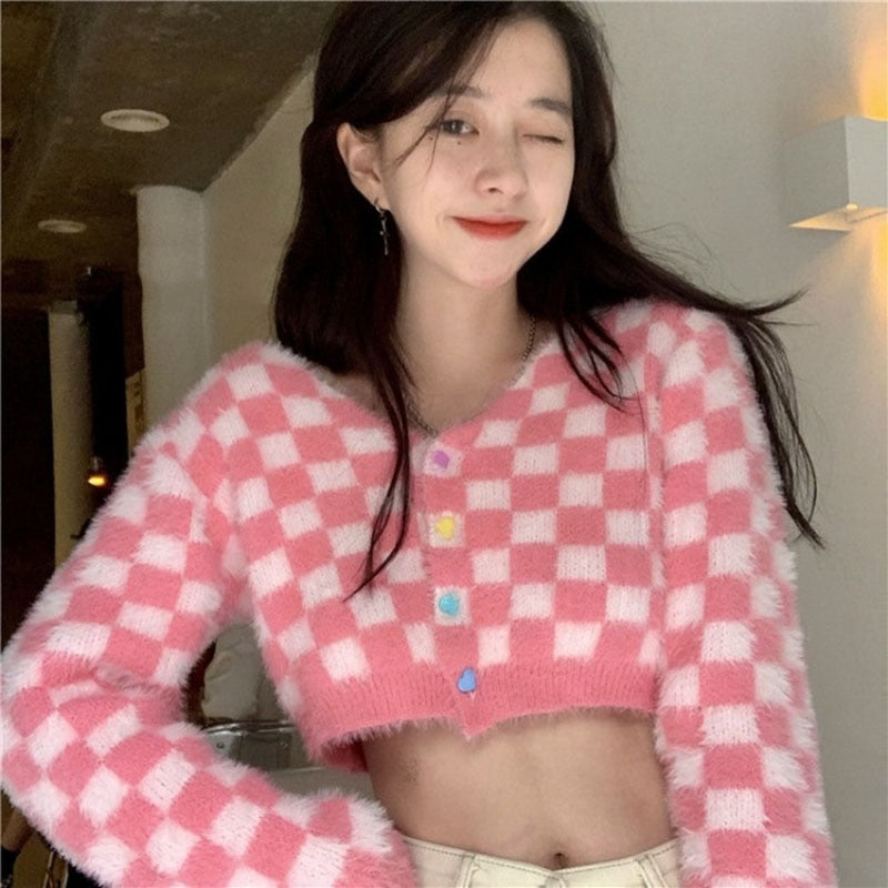 Pink Checker Knitted Cardigan