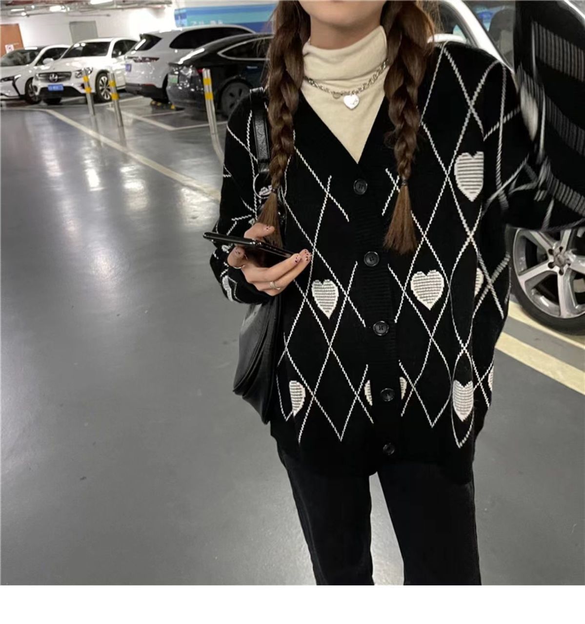 Knitted Cardigan Argyle Heart Sweater