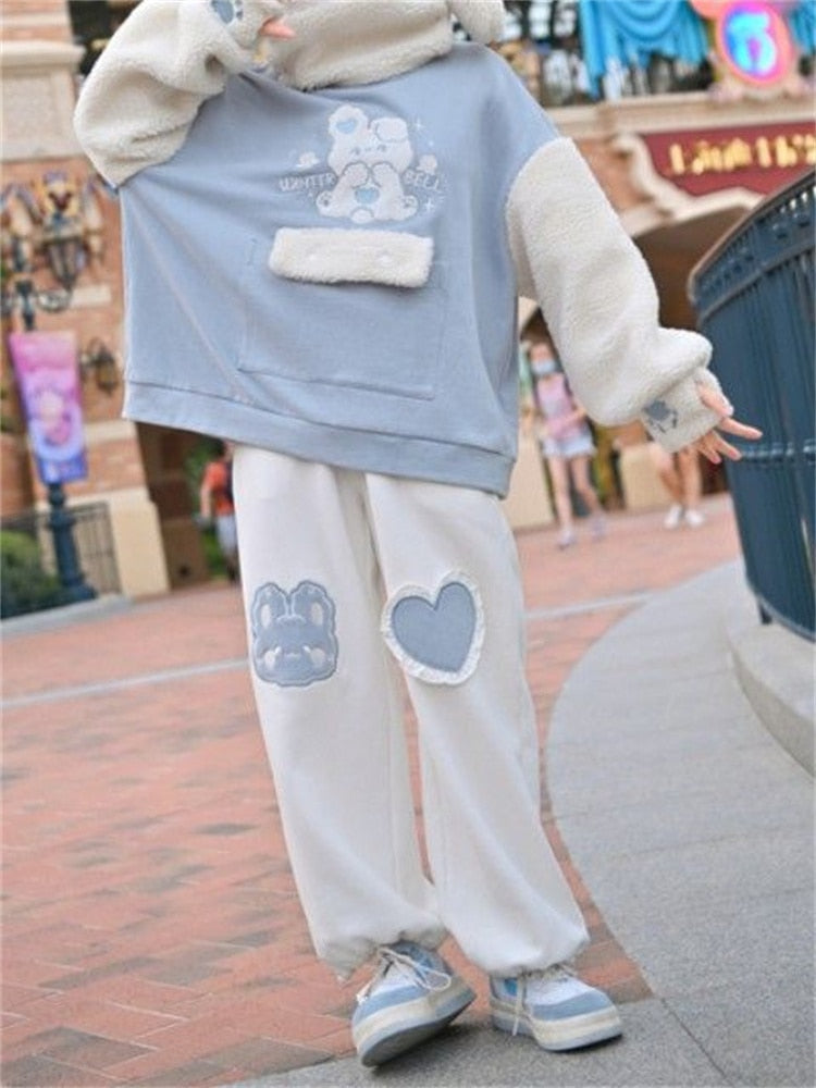 Kawaii Blue Joggers Sweatpants Bunny Heart