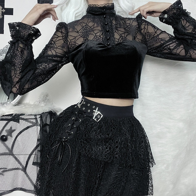 Gothic Elegant Lace Velvet Blouse