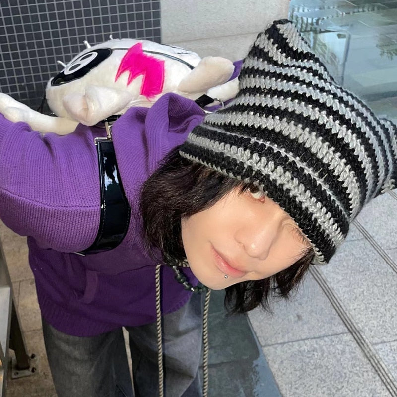 90s Grunge Cat Ears Striped Knitted Beanie