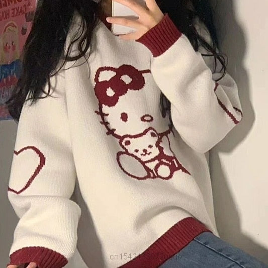 Hello Kitty Kawaii Sweater White Red
