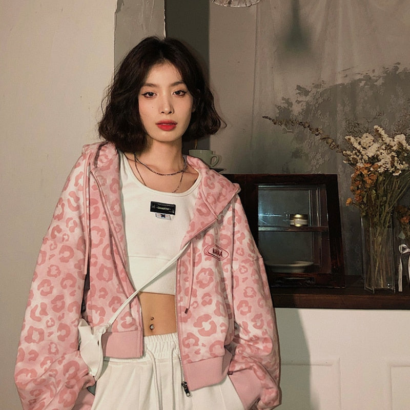 Y2K Pink Leopard Hoodie Jacket