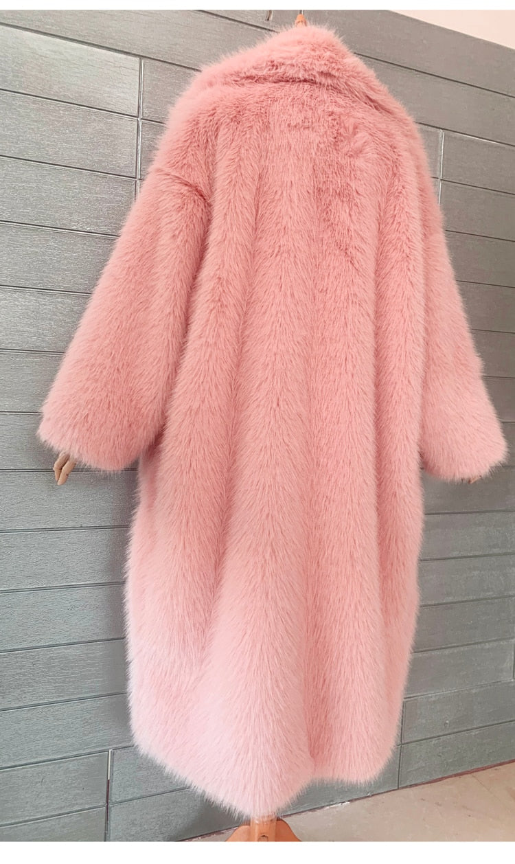 Y2K Long Oversized Pink Fluffy Faux Fur Coat