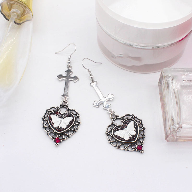 Cross Heart White Butterfly Earrings