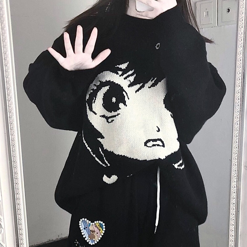 Oversize Anime Girl Black Sweater