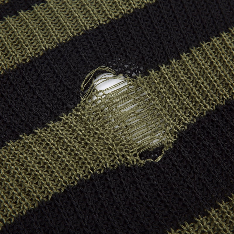 Grunge Distressed Green Striped Sweater