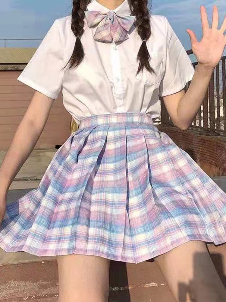 Preppy Pleated Plaid Skirt with Bow Pink White Blue