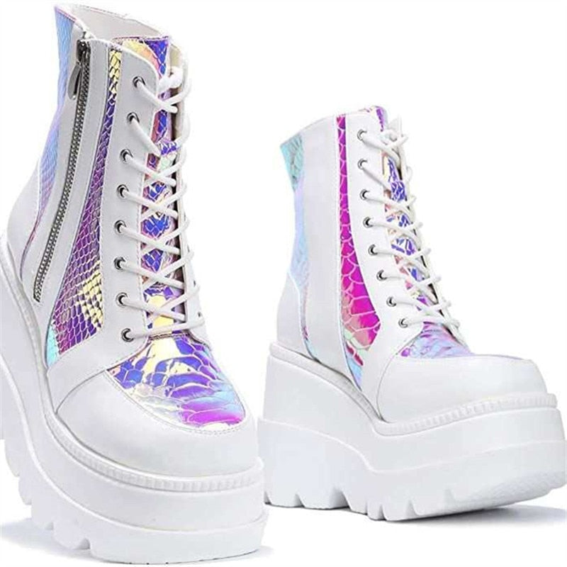 Pastel Goth White Holographic Platform Shoes