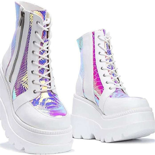 Pastel Goth White Holographic Platform Shoes