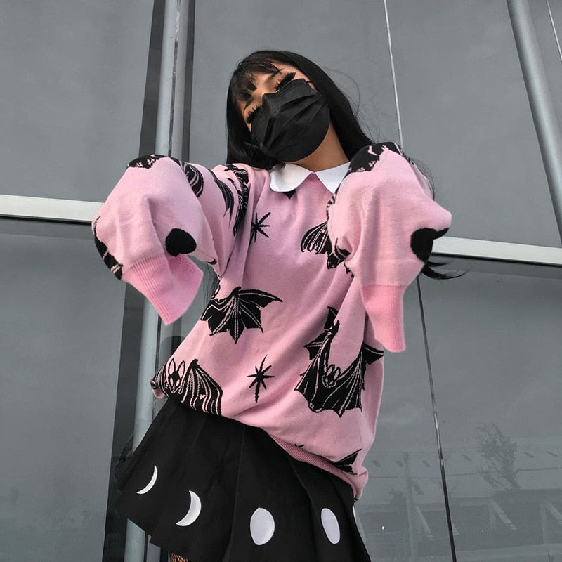 Gothic Bat Knitted Sweater Pastel Goth