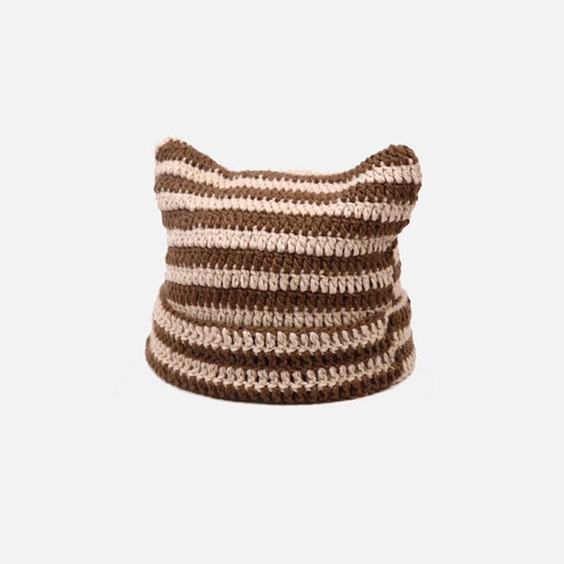 90s Grunge Cat Ears Striped Knitted Beanie
