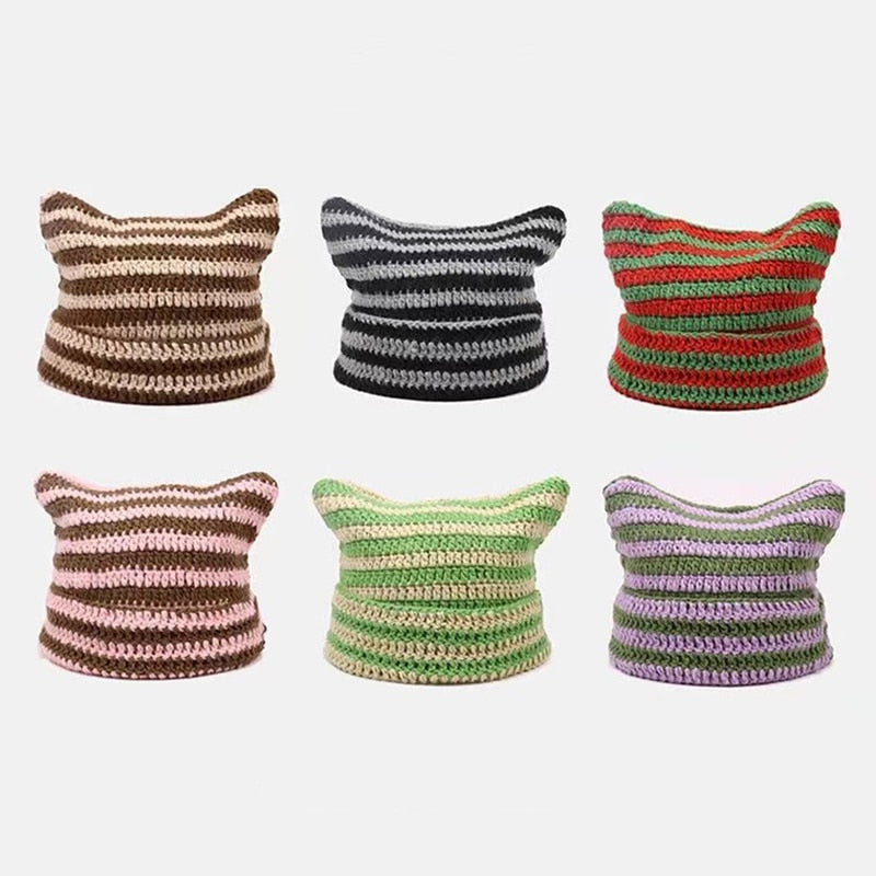 90s Grunge Cat Ears Striped Knitted Beanie