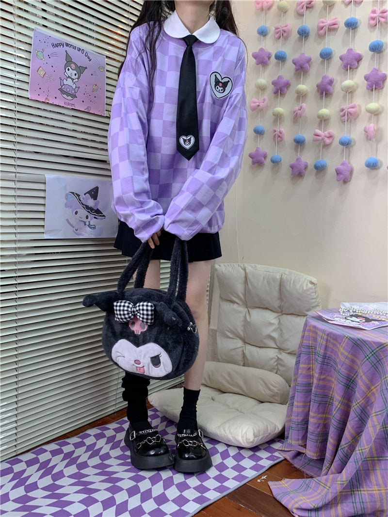Sanriocore Kawaii Kuromi Purple Checker Sweatshirt