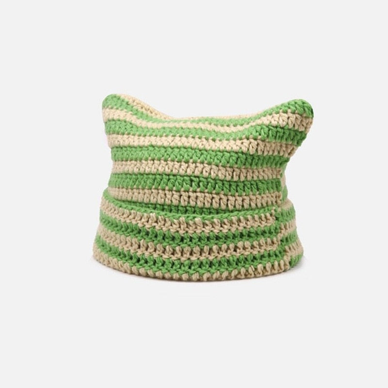 90s Grunge Cat Ears Striped Knitted Beanie