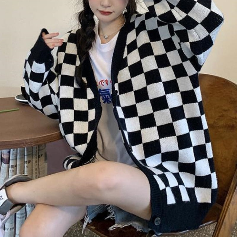 Checkerboard Knitted Long Sleeves Cardigan