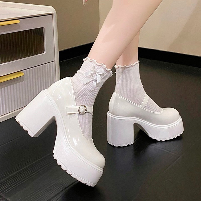 Coquette Mary Janes Platform Shoes White