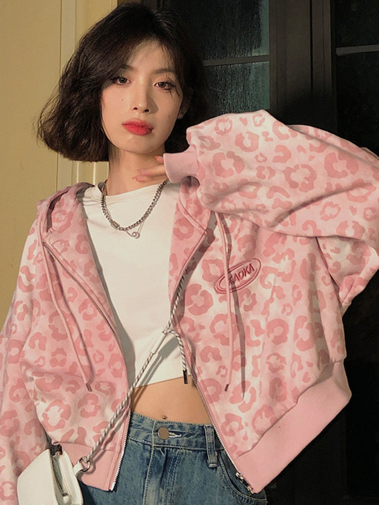Y2K Pink Leopard Hoodie Jacket